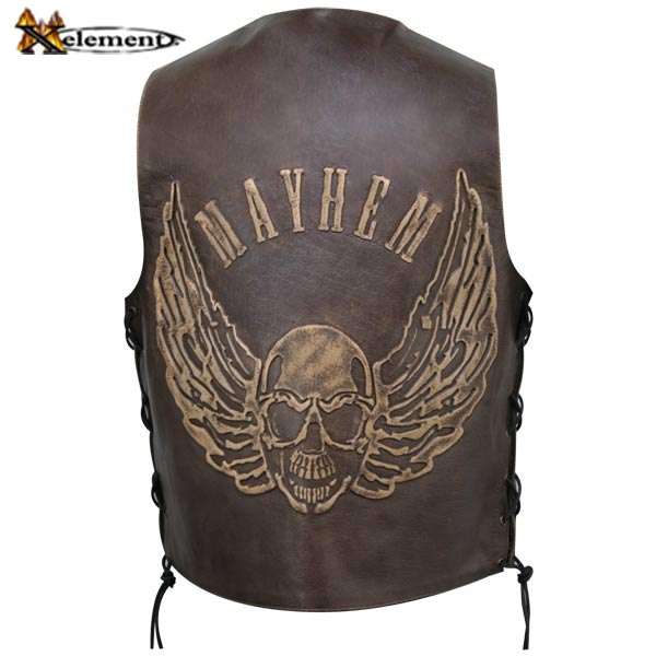 Brown Leather Cruiser Vest with Embossed Flying Skull- Large