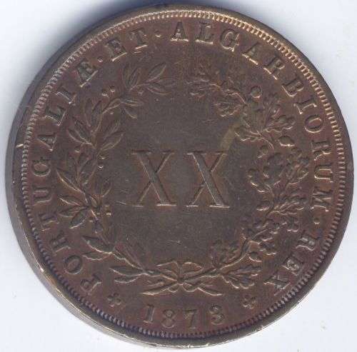 Portugal & Algarve. Louis I. 1873, 20 reis. Copper, about 37 mm.