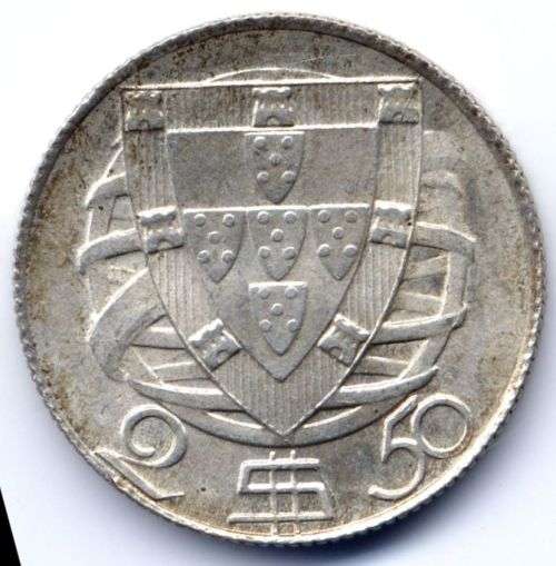 Portugal 2$50 1946 Silver 3.5 gm 650 fine silver uncirculated.