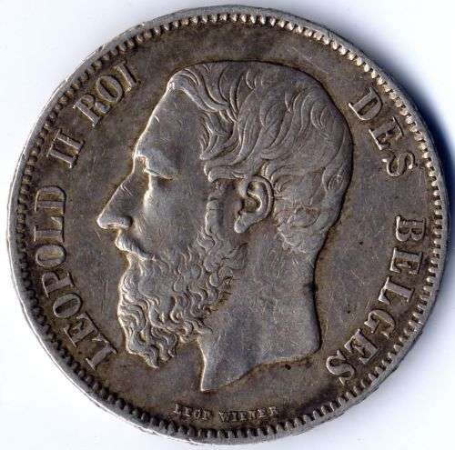 Belgium (Belge, Belgique) Leopold II 1869 5 Francs 900 fine silver