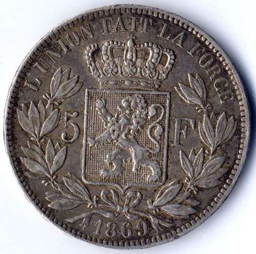 Belgium (Belge, Belgique) Leopold II 1869 5 Francs 900 fine silver