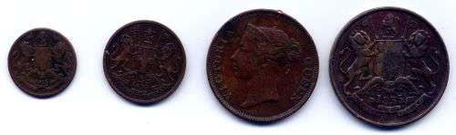 East India Company: 1/2 Anna, 1/2 pice, 1/12th anna, all 1835, 1 cent 1845