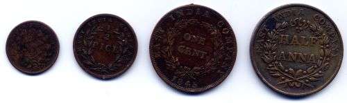 East India Company: 1/2 Anna, 1/2 pice, 1/12th anna, all 1835, 1 cent 1845