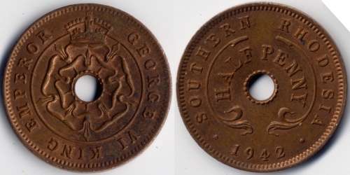 Southern Rhodesia, Shilling 1935, 3d 1932, 3d 1944, 1/2d 1934, 1938, 1939, 1942, 1954