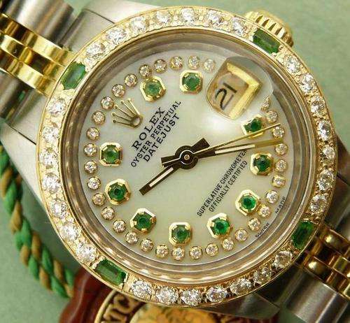buy rolex diamond watch UNIQUE 18ct GOLD LADIES ROLEX PEARL EMERALD DIAMOND WATCH