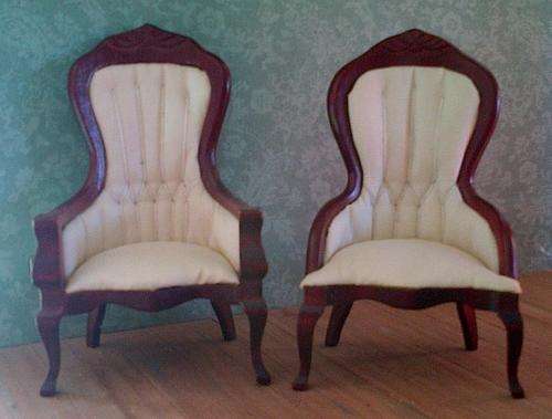 Miniatures - Set of Matching Victorian Ladies & Gents Chairs - Cream fabric