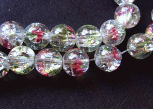 Clear Crackle With Rose And Green Fleck, 10mm - Per String (+/- 85 Beads)