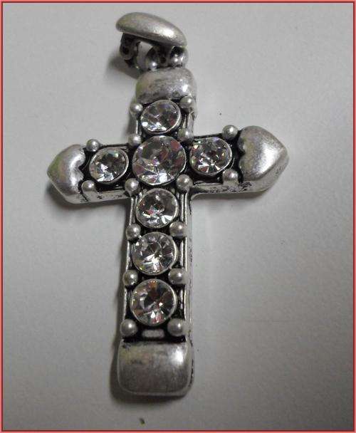 Antique Silver Pendant Cross, Clear Rhinestone Inlays, Clip On Bail,60mm x 38mm - Sold Individually.