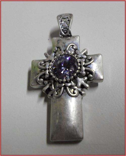 SALE! Antique Silver Pendant Cross, Lilac Rhinestone, Clip On Bail,60mm x 30mm - Sold Individually.