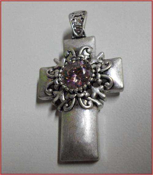 Antique Silver Pendant Cross, Pink Rhinestone Inlay, Clip On Bail,60mm x 30mm - Sold Individually.
