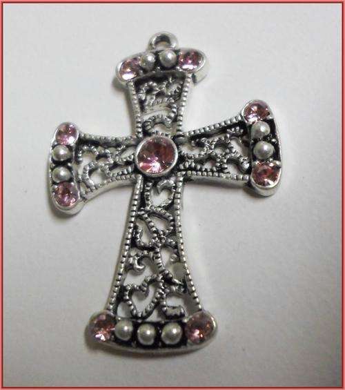 Nickle Pendant Cross,Pink Rhinestone Inlay, 40mm x 28mm - Sold Individually.