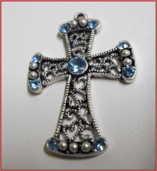Nickle Pendant Cross,Blue Rhinestone Inlay, 40mm x 28mm - Sold Individually.