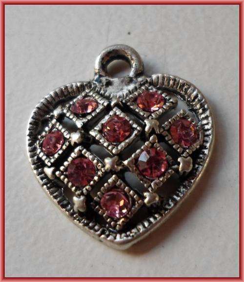 Pendant Heart with Pink Rhinestone, 23mm x 20mm - Sold Individually.