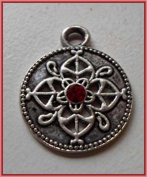Pendant Disc with Red Rhinestone, 26mm x 21mm - Sold Individually.