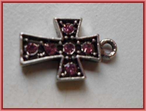 Pendant Cross with Pink Rhinestone, 19mm x 13mm - Sold Individually.