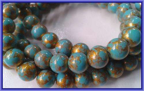 Blue/Gold Marble Glass Rounds, 8mm - String of +/- 100.