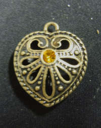 NEW : Bronze Metal Pendant Heart With Topaz Rhinestone Inlay, 30mm x 26mm - Sold Individually..