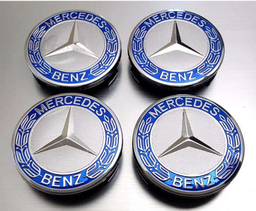4 X Mercedes (Original part) 75mm Alloy Wheel Centre Cap Hub - Silver and blue