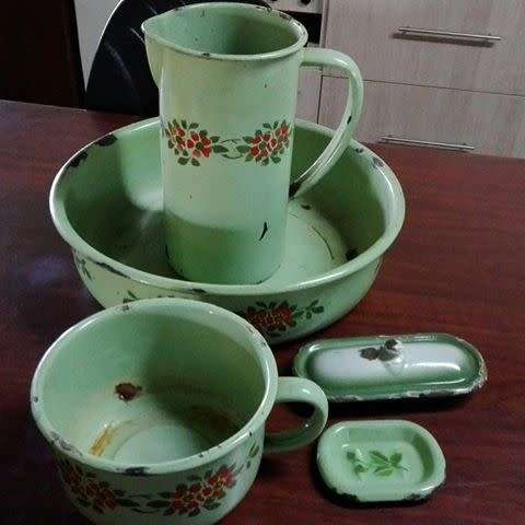 Enamel jug, bowl, pot and soap holder - Look! See all pics for condition