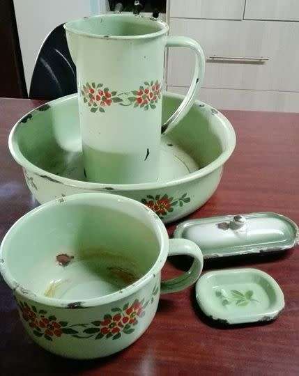 Enamel jug, bowl, pot and soap holder - Look! See all pics for condition