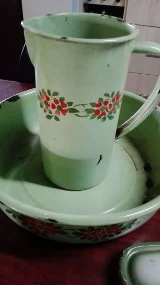 Enamel jug, bowl, pot and soap holder - Look! See all pics for condition