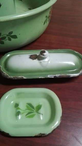 Enamel jug, bowl, pot and soap holder - Look! See all pics for condition
