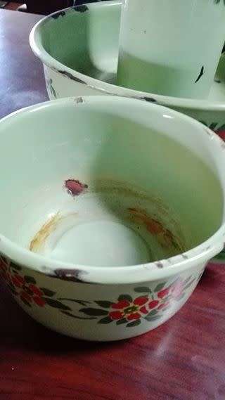 Enamel jug, bowl, pot and soap holder - Look! See all pics for condition