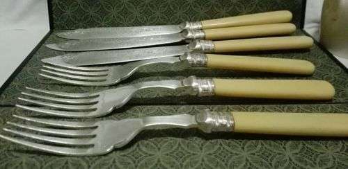 Lovely vintage EPNS silver cuffed Bone handles fish set