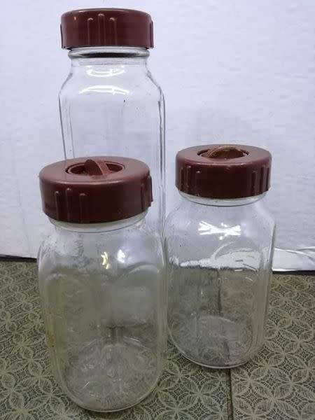 Vintage Glass Baby Bottles Everflow  With Lids!