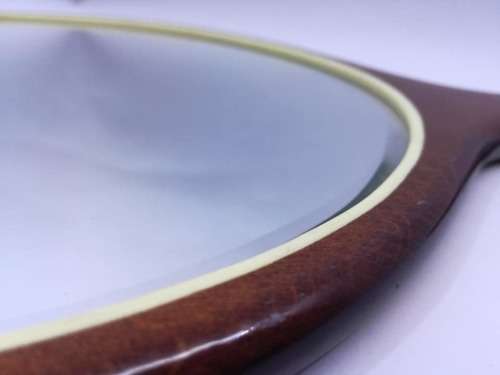 Big WOODEN HAND MIRROR beveled glass oval shape German