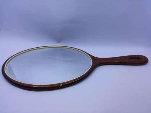 Big WOODEN HAND MIRROR beveled glass oval shape German