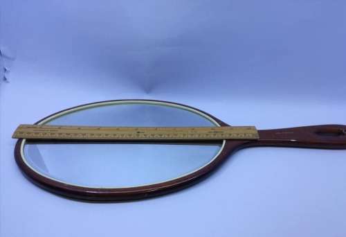 Big WOODEN HAND MIRROR beveled glass oval shape German