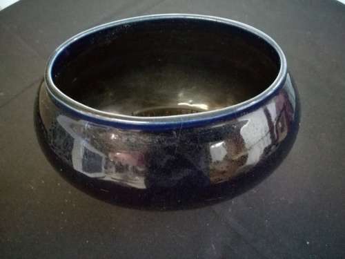Stunning oval navy blue vase with metal flower frog