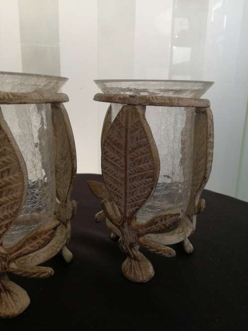 Metal and glass candle holders/vase pair - see pics for condition