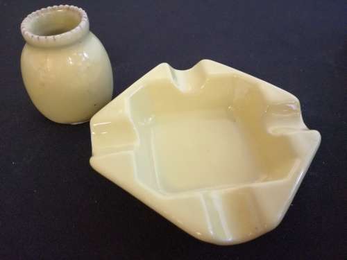 Pale yellow ceramic vase/toothpick holder and ashtray