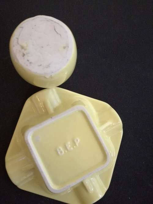 Pale yellow ceramic vase/toothpick holder and ashtray
