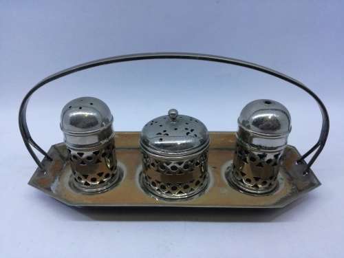 Vintage plated cruet set - blue glass inners - middle one has no liner