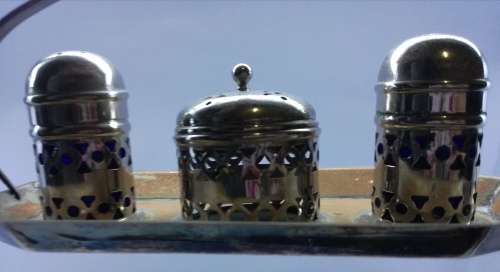Vintage plated cruet set - blue glass inners - middle one has no liner