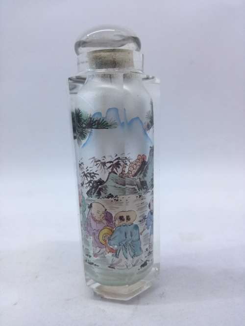 Vintage Chinese Reverse Painted Cut Crystal Chinese Snuff Bottle - Look!