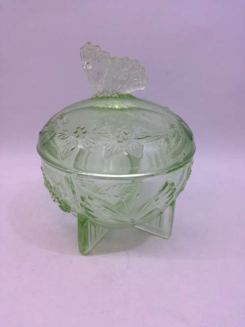Green glass trinket - butterfly detail
