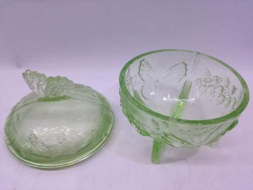 Green glass trinket - butterfly detail