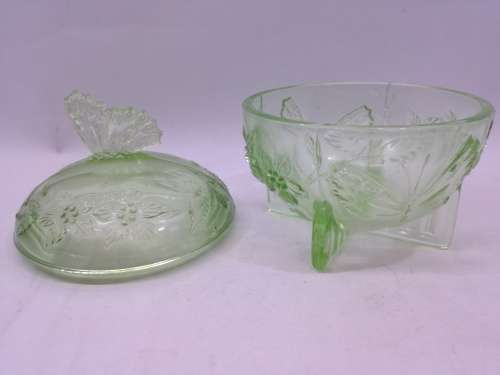 Green glass trinket - butterfly detail