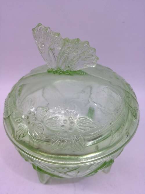 Green glass trinket - butterfly detail