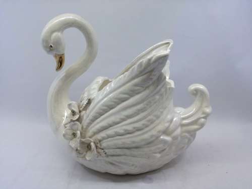 Vintage Pearl lusterware ceramic swan planter, or vase made in Japan - damage to leafs
