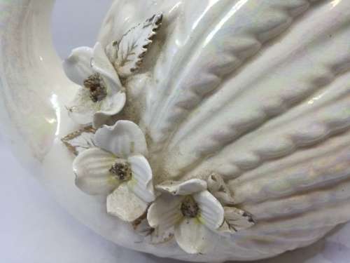 Vintage Pearl lusterware ceramic swan planter, or vase made in Japan - damage to leafs