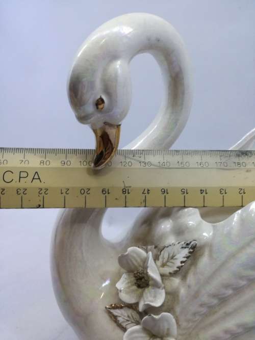 Vintage Pearl lusterware ceramic swan planter, or vase made in Japan - damage to leafs