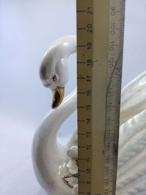 Vintage Pearl lusterware ceramic swan planter, or vase made in Japan - damage to leafs