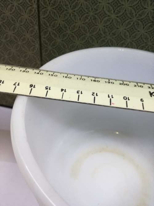 Milk glass mixing bowl with pouring tip