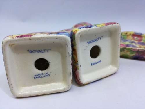ROYAL WINTON  CHINTZ SALT & PEPPER SHAKERS TRAY 3 PC  FLORAL, some damage, see pics