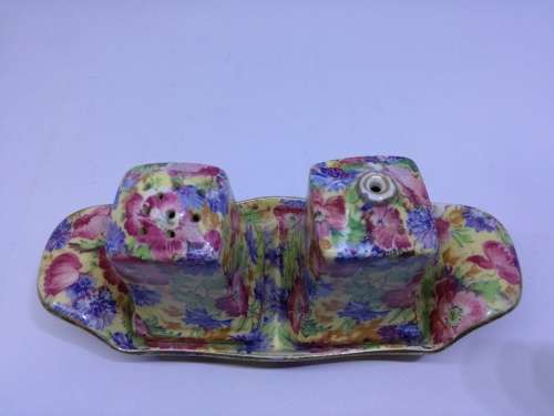 ROYAL WINTON  CHINTZ SALT & PEPPER SHAKERS TRAY 3 PC  FLORAL, some damage, see pics